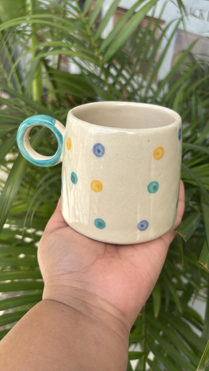 Colorful Polka Coffee Mug (Green Handle)