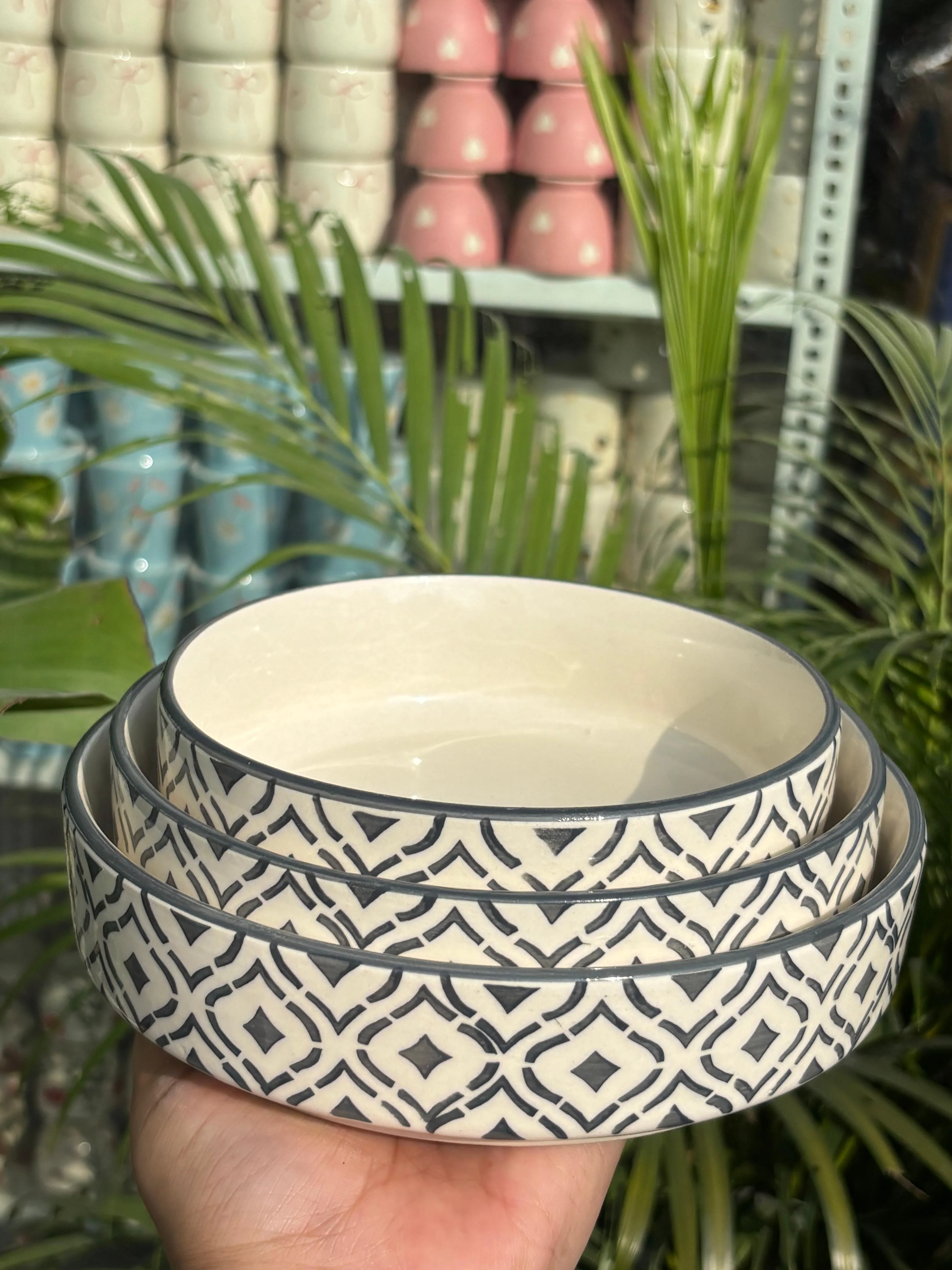 Grey Moroccan Pattern Serving/Salad Bowl Set (Set of 3)