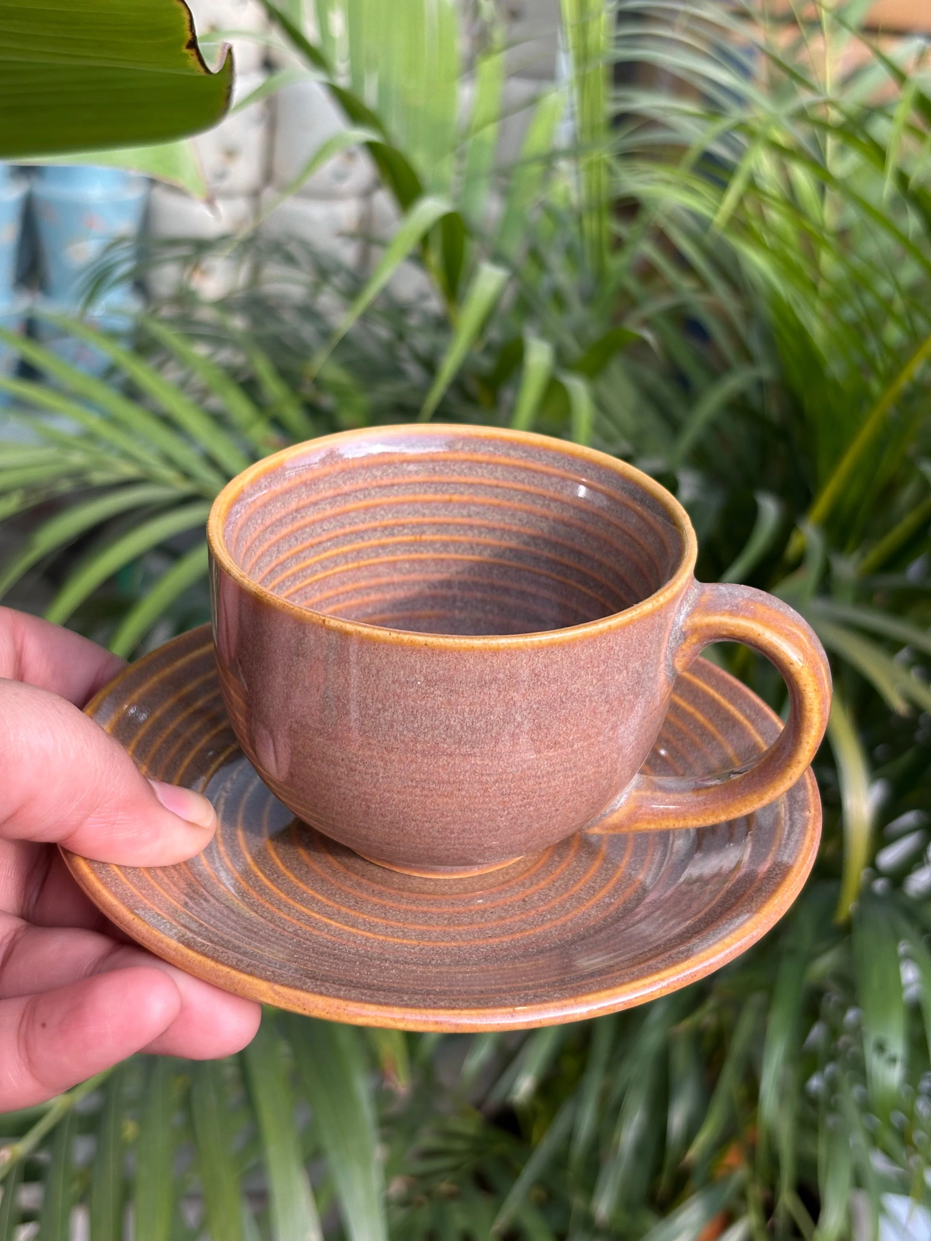 Light Brown Glaze Cappuccino Cups with Saucers (Set of 2) - Image 3